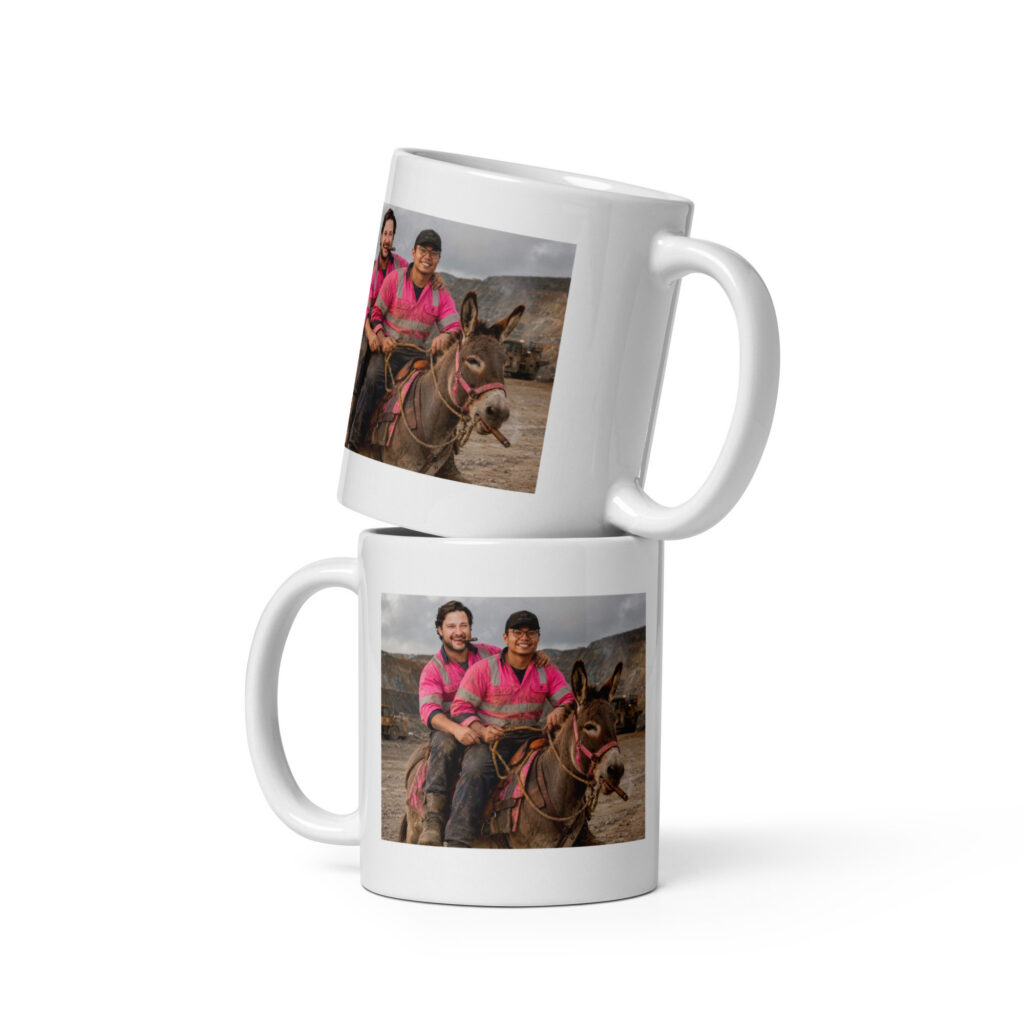 "Dudes On Donkey" White Glossy Mug